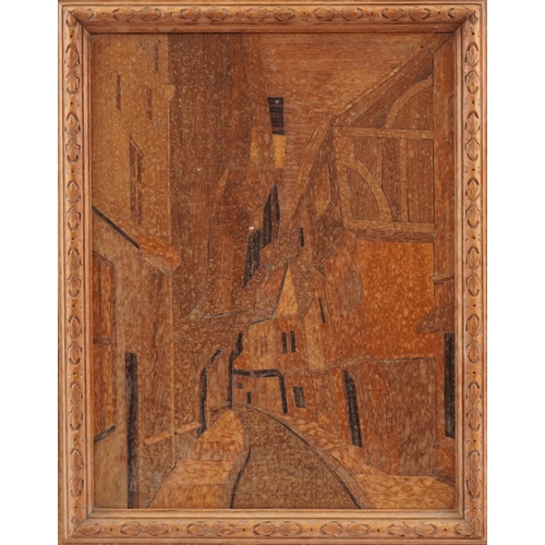 166 - Arts & Crafts oak marquetry panel fire screen with cobbled street scene, 67cm x 50cm