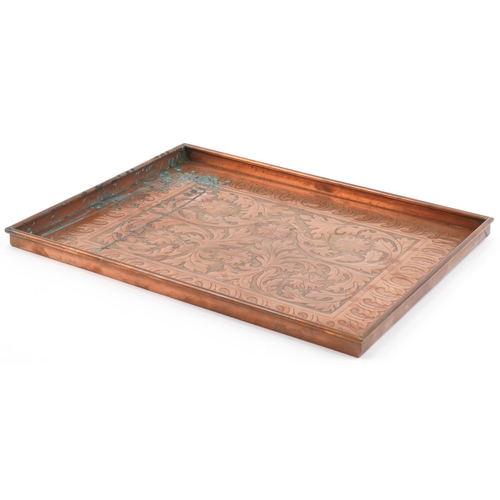 251 - Keswick School of Industry Arts & Crafts copper tray with stylized flowers, impressed marks to the r... 