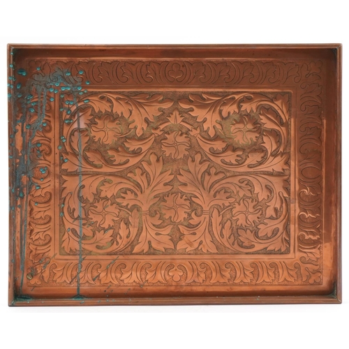 251 - Keswick School of Industry Arts & Crafts copper tray with stylized flowers, impressed marks to the r... 