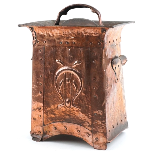 103 - William Soutter & Sons Arts & Crafts copper log box with stylized panel, 50cm high