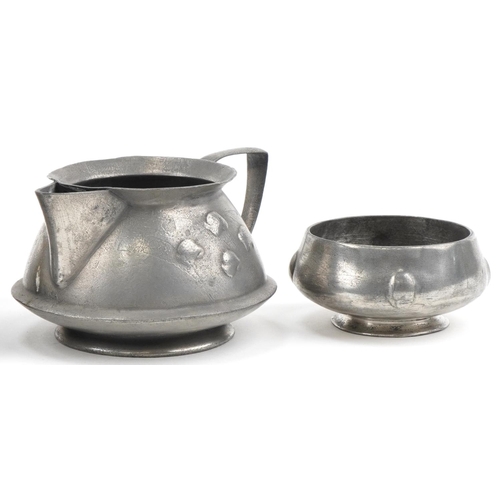 53 - Archibald Knox for Liberty's Tudric pewter tea set, numbered 0303 to the base, the largest 13cm