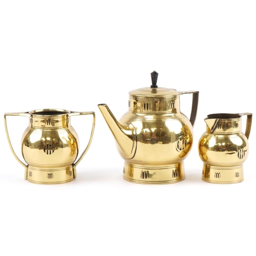 496 - Stylized Dutch three piece brass tea set numbered 216, J A Daaloekcp to the base, the largest piece ... 