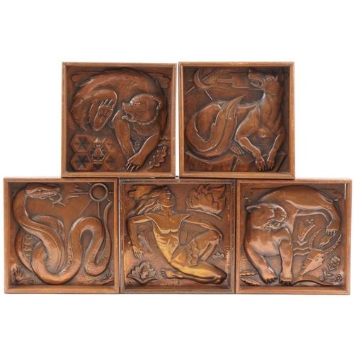 494 - Maredsous Art Deco copper panels mounted in oak frames including bear, tiger, man, wolf and snake, e... 