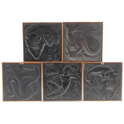 494 - Maredsous Art Deco copper panels mounted in oak frames including bear, tiger, man, wolf and snake, e... 