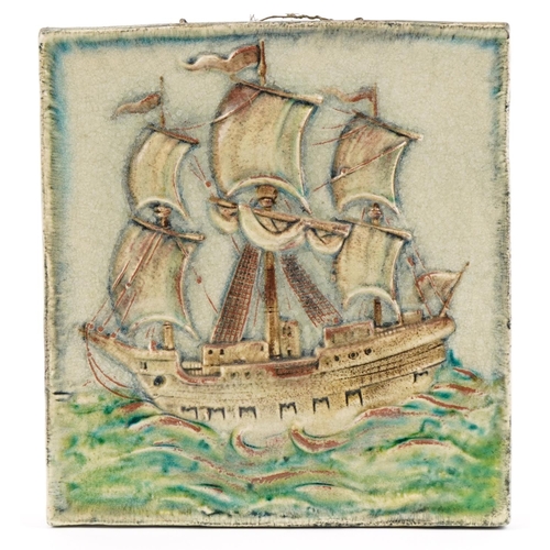 241 - Large Arts & Crafts sailing ship pottery tile , numbered 4939 to the reverse, 32cm x 30cm