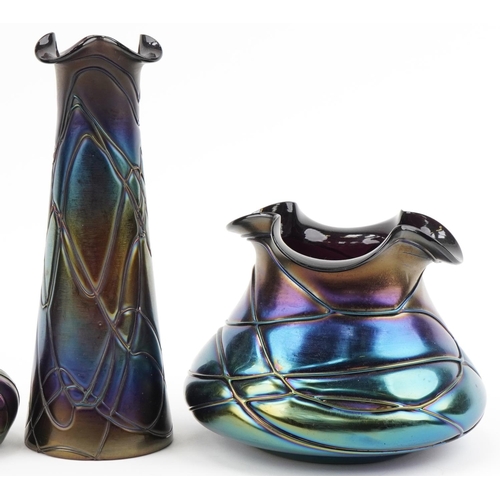 514 - Art Nouveau Pallme König hyacinth vase, frilled vase pair of vases, the largest 22cm high