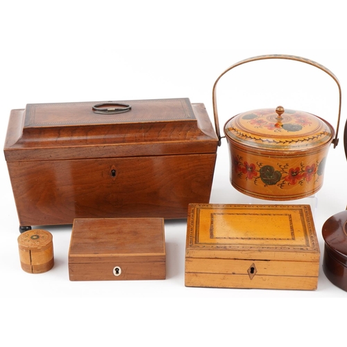 1380 - Georgian mahogany tea caddy, Victorian novelty artists palette photo frames, collar box, Sorrento Wa... 