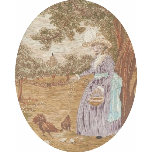 1221 - Georgian silkwork  picture of lady feeding chickens after Morland, mounted and glazed in a gilt fram... 