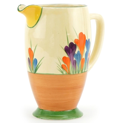 318 - Clarice Cliff Crocus pattern jug, Clarice Cliff Bizarre mark to the base, 17cm high