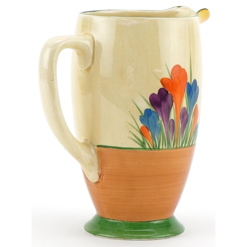 318 - Clarice Cliff Crocus pattern jug, Clarice Cliff Bizarre mark to the base, 17cm high