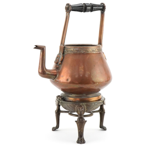 69 - Arts & Crafts Egyptian Revival copper and brass kettle on stand, 38cm high