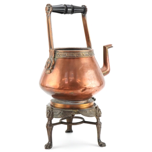 69 - Arts & Crafts Egyptian Revival copper and brass kettle on stand, 38cm high