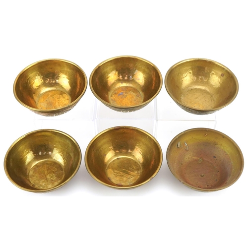 1332 - Six Cairoware brass, copper and silver inlaid bowls, each 12cms in diameter