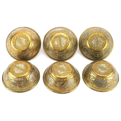 1332 - Six Cairoware brass, copper and silver inlaid bowls, each 12cms in diameter