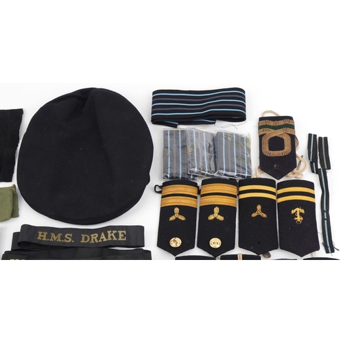 2544 - Military, RAF and naval patches, badges, pips, epaulets together with a Cameron Highlanders cap