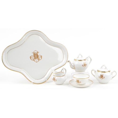 1158 - Victorian porcelain cabriolet hand gilded with initialled DM crest, impressed set by L&C, the tray 3... 