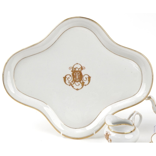 1158 - Victorian porcelain cabriolet hand gilded with initialled DM crest, impressed set by L&C, the tray 3... 