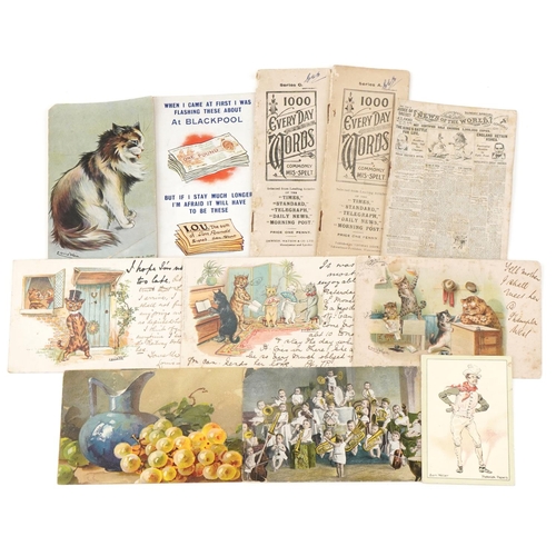 2497 - Louis Wain postcards, Blackpool comical postcards, A Thousand Everyday Words books and a miniature N... 