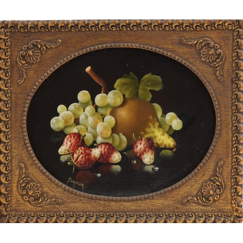 1058 - Fermor - Still life fruit, pair of oil on boards, housed in gilt frames, each 24cm in diameter