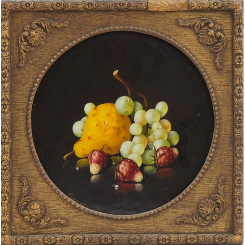 1319 - Fermor - Still life fruit, pair of oil on boards, housed in gilt frames, each 20cm in diameter