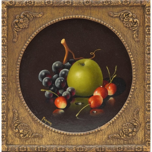 1418 - Fermor - Still life fruit, pair of oil on boards, housed in gilt frames, each 20cm in diameter