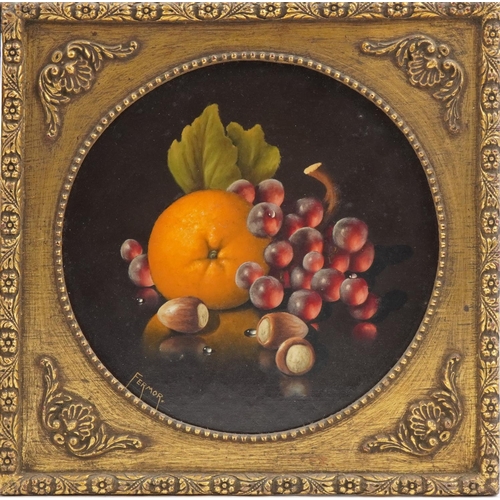 1418 - Fermor - Still life fruit, pair of oil on boards, housed in gilt frames, each 20cm in diameter