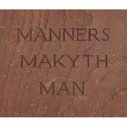 162 - Arts & Crafts oak book slide for Winchester College -Manners Makyth Man, 50cm wide