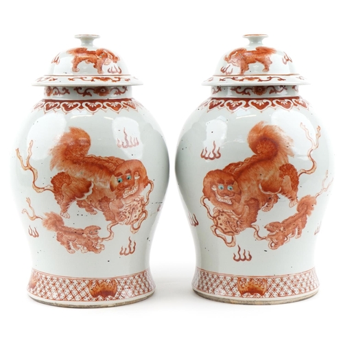 1104 - Large pair of Chinese porcelain baluster vases with covers, each hand painted in iron red with dogs ... 