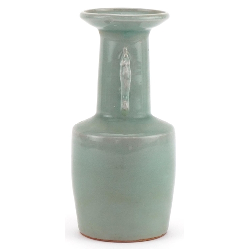 1067 - Chinese porcelain celadon glazed Rouleau vase with twin animalia handles, 19cm high