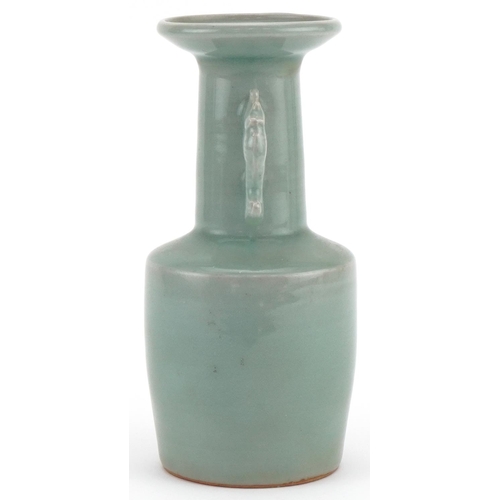 1067 - Chinese porcelain celadon glazed Rouleau vase with twin animalia handles, 19cm high