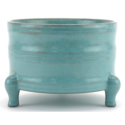 1111 - Chinese porcelain three footed incense burner having turquoise glaze, 13cm high x 18cm in diameter