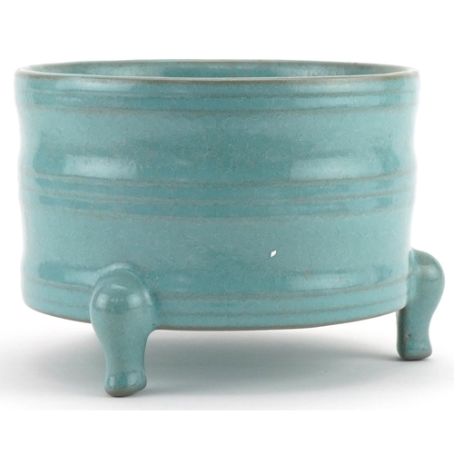 1111 - Chinese porcelain three footed incense burner having turquoise glaze, 13cm high x 18cm in diameter