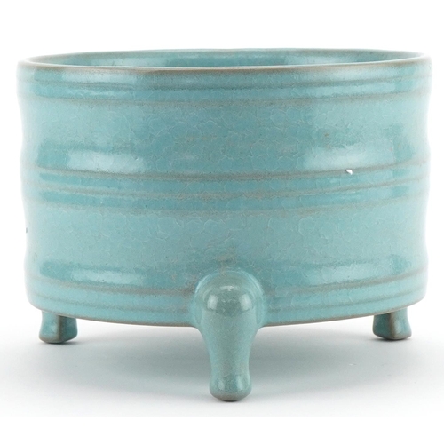 1111 - Chinese porcelain three footed incense burner having turquoise glaze, 13cm high x 18cm in diameter