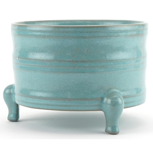 1111 - Chinese porcelain three footed incense burner having turquoise glaze, 13cm high x 18cm in diameter