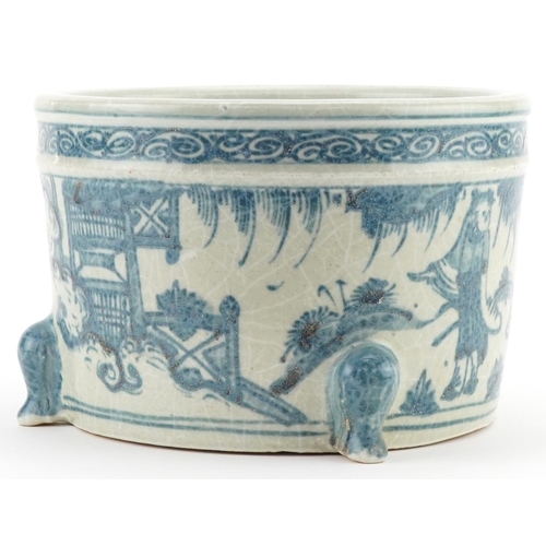 1069 - Chinese blue and white porcelain three footed incense burner hand painted with figures and pagodas, ... 