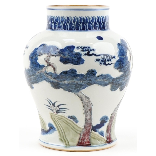 1262 - Chinese porcelain baluster vase hand painted in relief with a dragon and bonsai tree, six figure cha... 