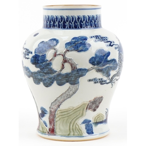 1262 - Chinese porcelain baluster vase hand painted in relief with a dragon and bonsai tree, six figure cha... 