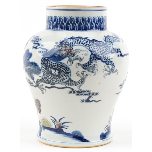 1262 - Chinese porcelain baluster vase hand painted in relief with a dragon and bonsai tree, six figure cha... 