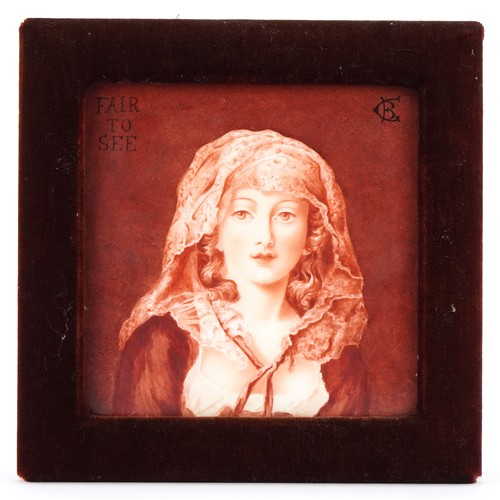 236 - Minton ceramic tile hand painted by Elliott B Gibson , Fair to See, initialled EB, mounted in a velv... 