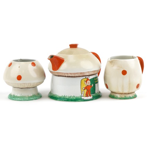 359 - Shelley Mabel Lucie Attwell Pixie teapot, sugar bowl and milk jug, the largest 14cm