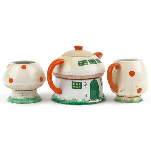 359 - Shelley Mabel Lucie Attwell Pixie teapot, sugar bowl and milk jug, the largest 14cm