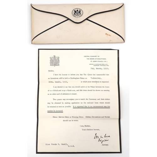 2507 - MBE awarded to Miss Freda Small with investiture at Buckingham Palace Wednesday 25th March 1952, Mis... 