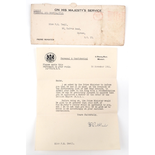 2507 - MBE awarded to Miss Freda Small with investiture at Buckingham Palace Wednesday 25th March 1952, Mis... 