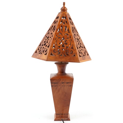 1375 - Yew wood table lamp with matching pierced yew wood shade, 66cm high