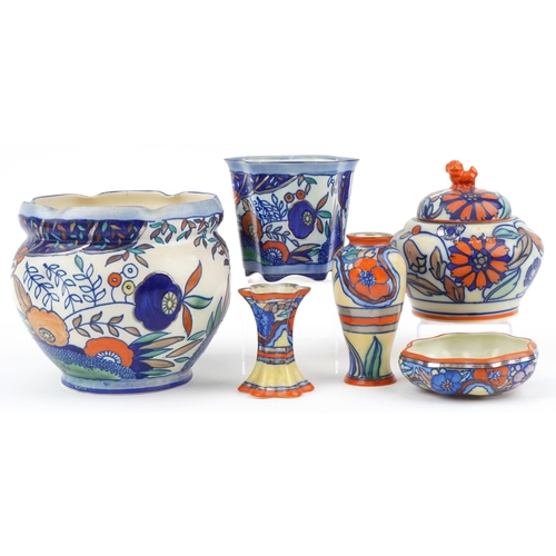 326 - Charlotte Rhead design pottery jardinière, ginger jar and cover, vases and plant pot, the largest 20... 