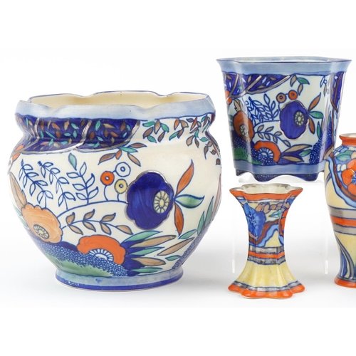 326 - Charlotte Rhead design pottery jardinière, ginger jar and cover, vases and plant pot, the largest 20... 