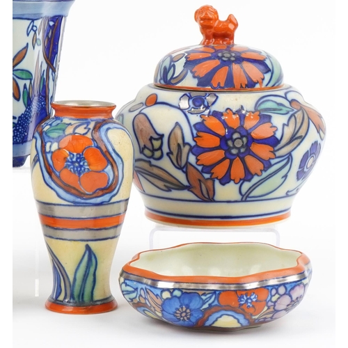 326 - Charlotte Rhead design pottery jardinière, ginger jar and cover, vases and plant pot, the largest 20... 