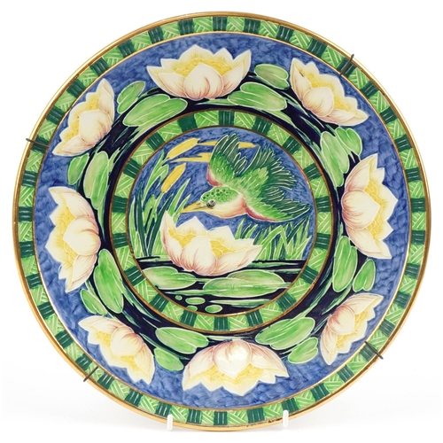 381 - Charlotte Rhead inspired kingfisher and lilipad wall plate, 30cm in diameter