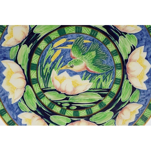 381 - Charlotte Rhead inspired kingfisher and lilipad wall plate, 30cm in diameter