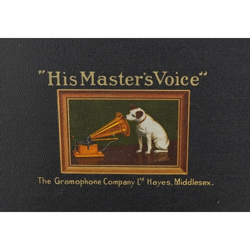 1444 - Vintage His Master's Voice black cased gramophone, 15cm H x 41cm W x 30cm deep